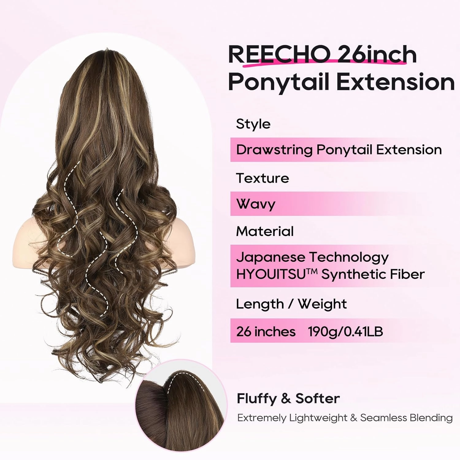 REECHO Ponytail Extension, 26 Inch Drawstring Ponytail Extension Long Curly Wavy Pony Tails Hair Extensions Synthetic Clip in Ponytail Hairpiece for Women, Chocolate Brown with Highlights