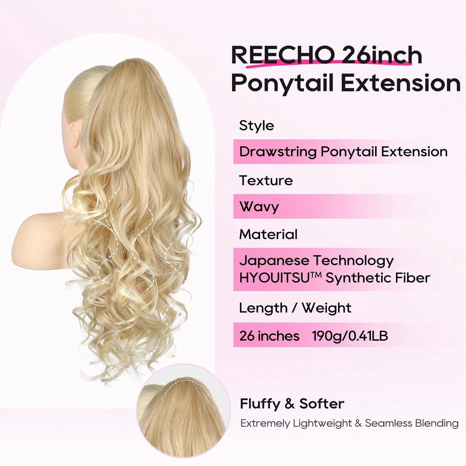REECHO Ponytail Extension, 26 Inch Drawstring Ponytail Extension Long Curly Wavy Pony Tails Hair Extensions Synthetic Clip in Ponytail Hairpiece for Women Daily, Dark Blonde with Light Ends