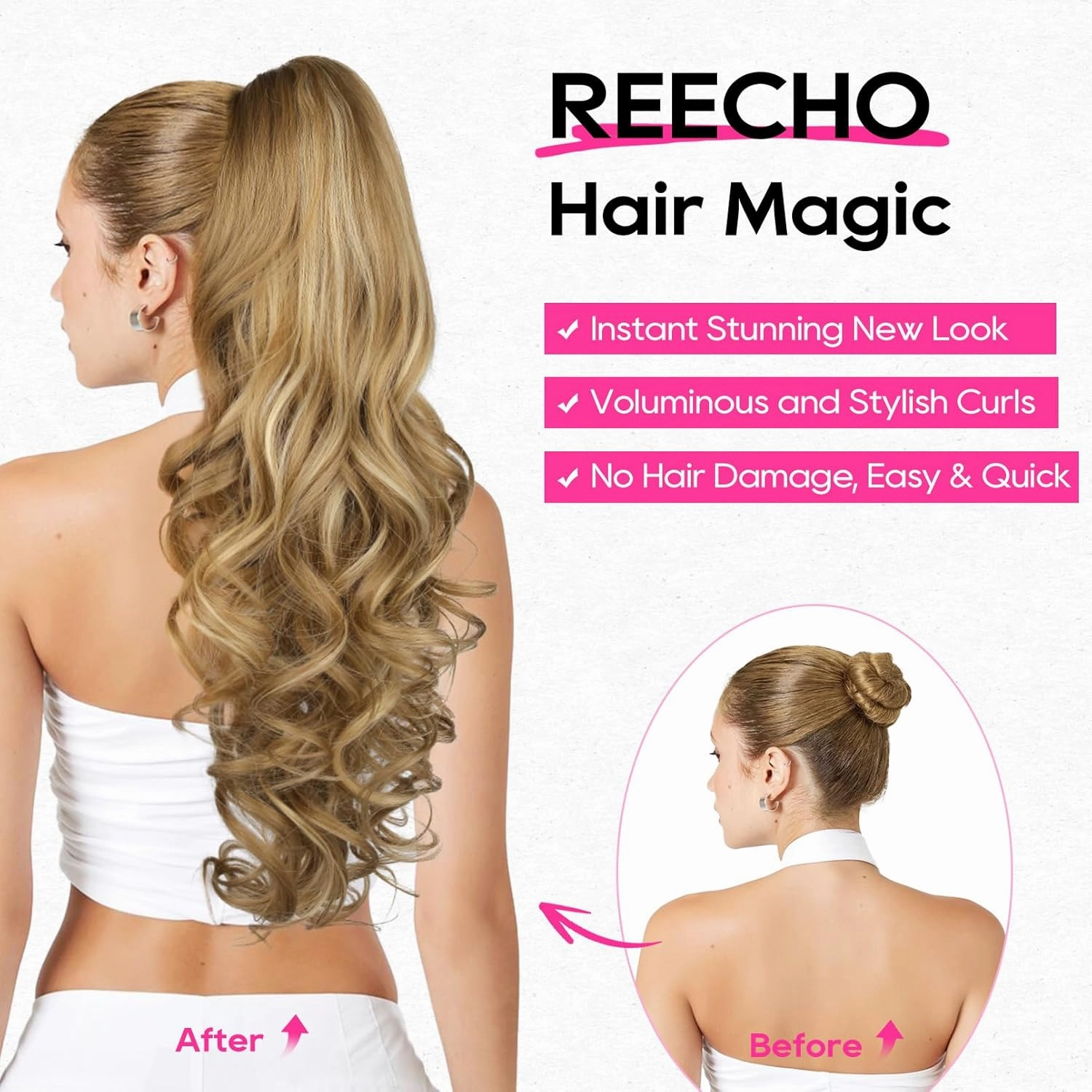 REECHO Ponytail Extension, 26 Inch Drawstring Ponytail Extension Long Curly Wavy Pony Tails Hair Extensions Synthetic Clip in Ponytail Hairpiece for Women Daily, Dark Blonde with Light Ends