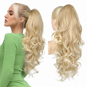 REECHO Ponytail Extension, 26 Inch Drawstring Ponytail Extension Long Curly Wavy Pony Tails Hair Extensions Synthetic Clip in Ponytail Hairpiece for Women Daily, Dark Blonde with Light Ends