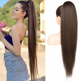 REECHO Ponytail Extension Drawstring Long Straight Ponytail Extensions 30” Natural Silky Soft Clip in Ponytail Hair Extensions Synthetic Hairpiece for Women, Medium Brown