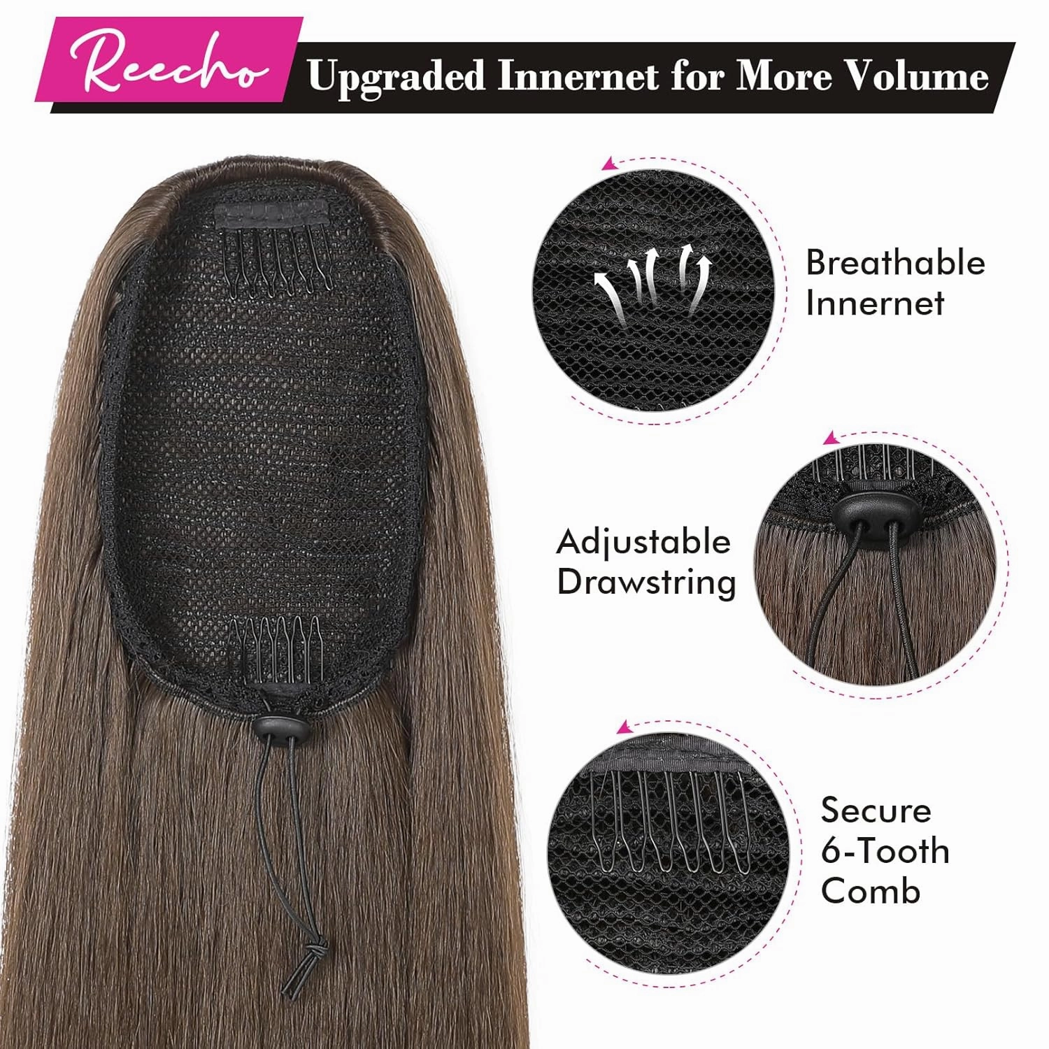 REECHO Ponytail Extension Drawstring Long Straight Ponytail Extensions 30” Natural Silky Soft Clip in Ponytail Hair Extensions Synthetic Hairpiece for Women, Medium Brown