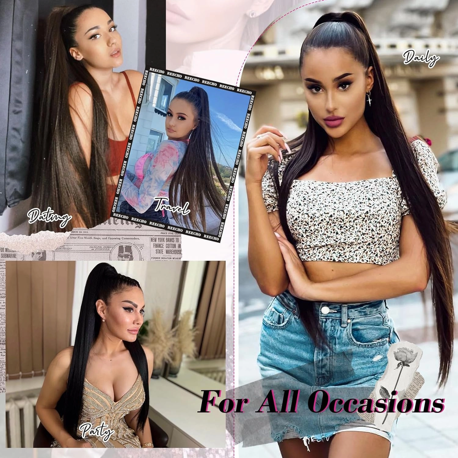 REECHO Ponytail Extension Drawstring Long Straight Ponytail Extensions 30” Natural Silky Soft Clip in Ponytail Hair Extensions Synthetic Hairpiece for Women, Medium Brown