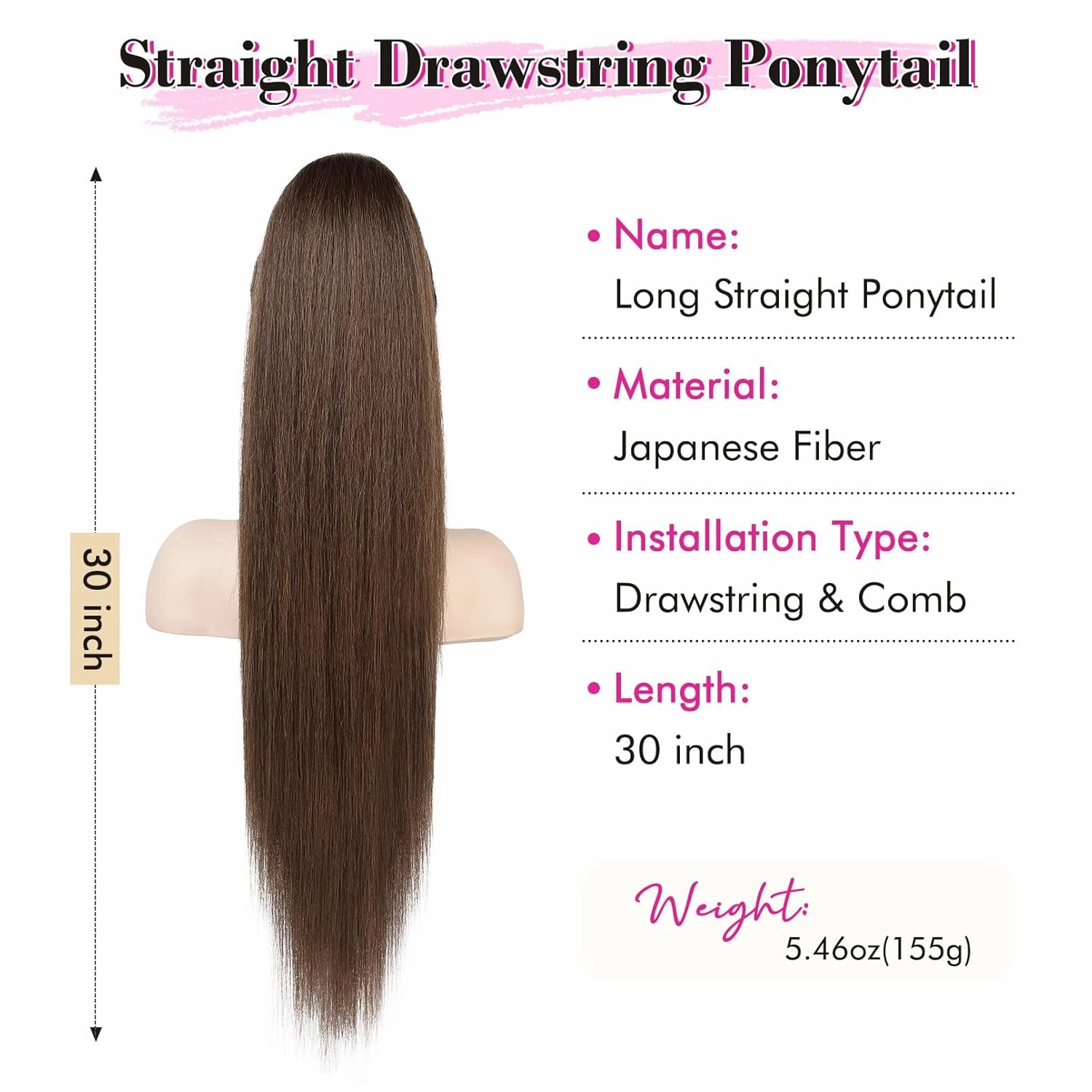 REECHO Ponytail Extension Drawstring Long Straight Ponytail Extensions 30” Natural Silky Soft Clip in Ponytail Hair Extensions Synthetic Hairpiece for Women, Medium Brown