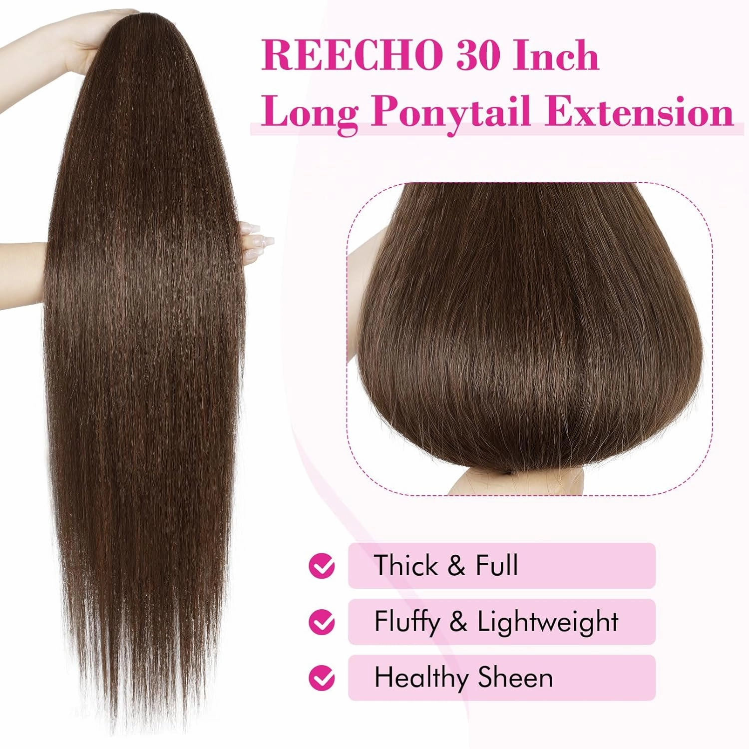 REECHO Ponytail Extension Drawstring Long Straight Ponytail Extensions 30” Natural Silky Soft Clip in Ponytail Hair Extensions Synthetic Hairpiece for Women, Medium Brown