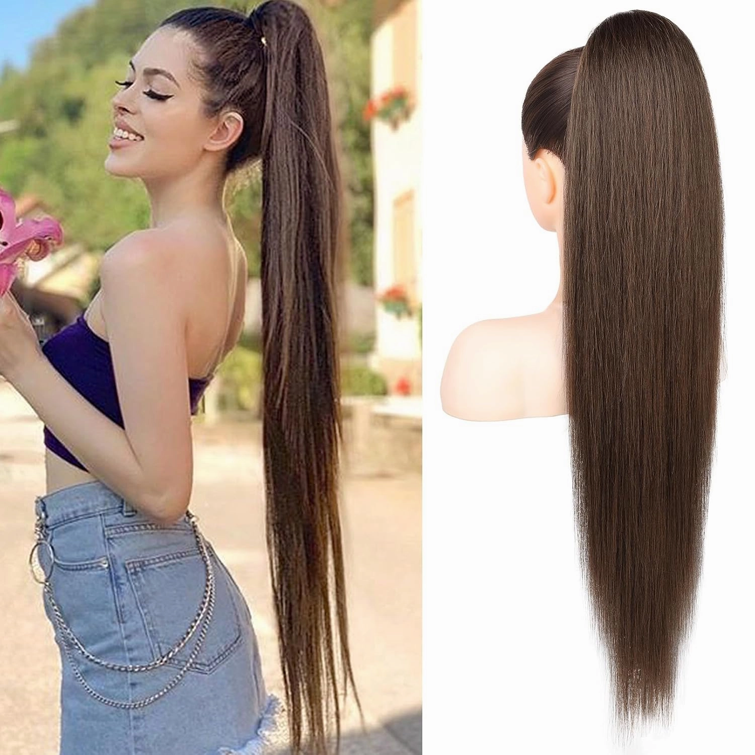 REECHO Ponytail Extension Drawstring Long Straight Ponytail Extensions 30” Natural Silky Soft Clip in Ponytail Hair Extensions Synthetic Hairpiece for Women, Medium Brown