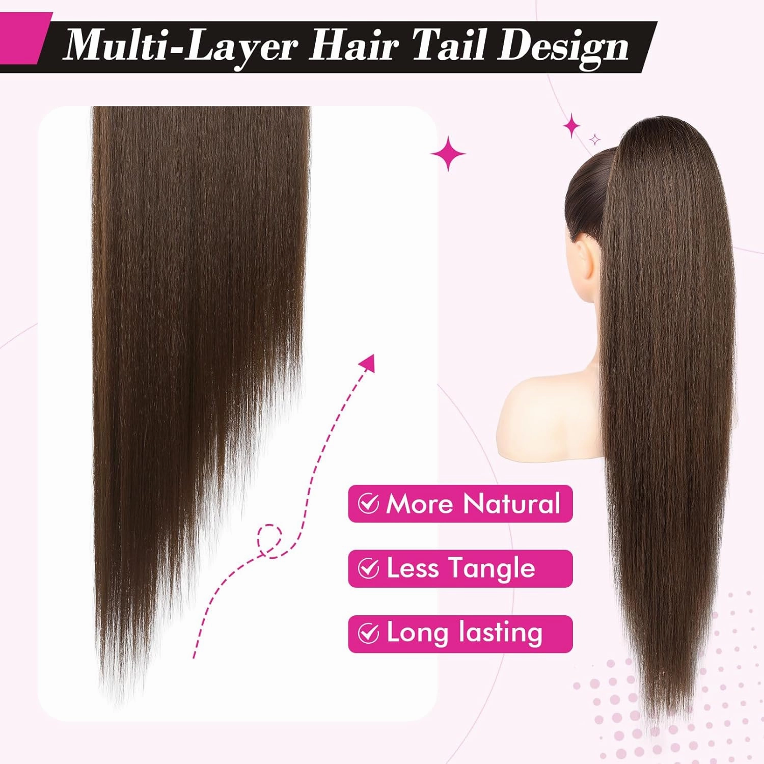 REECHO Ponytail Extension Drawstring Long Straight Ponytail Extensions 30” Natural Silky Soft Clip in Ponytail Hair Extensions Synthetic Hairpiece for Women, Medium Brown