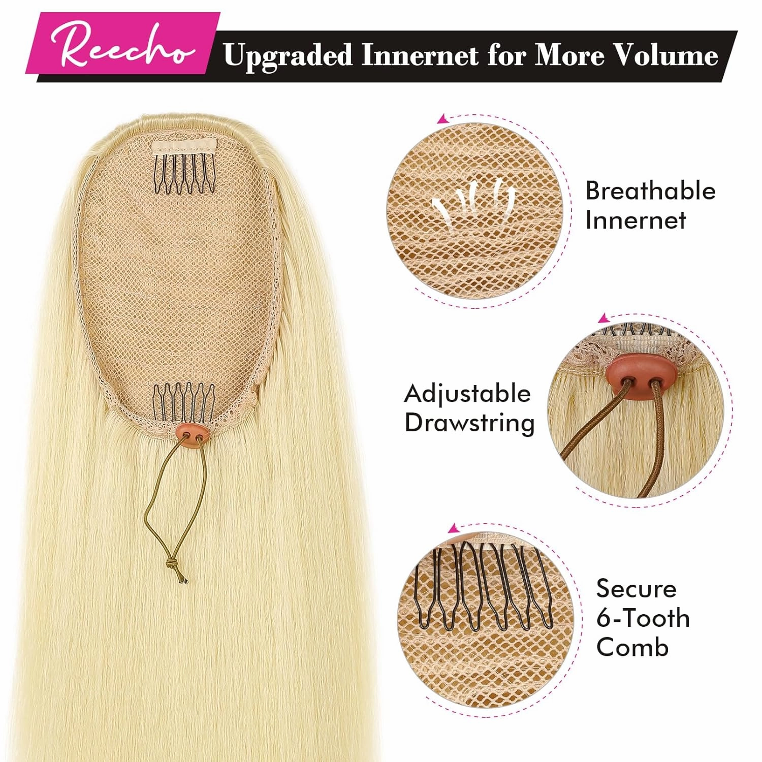 REECHO Ponytail Extension Long Straight Drawstring Ponytail Extensions Clip in Ponytail Extension Natural Soft Hairpieces for Women Girls, 36 Inch/Chocolate Brown with Blonde Highlights