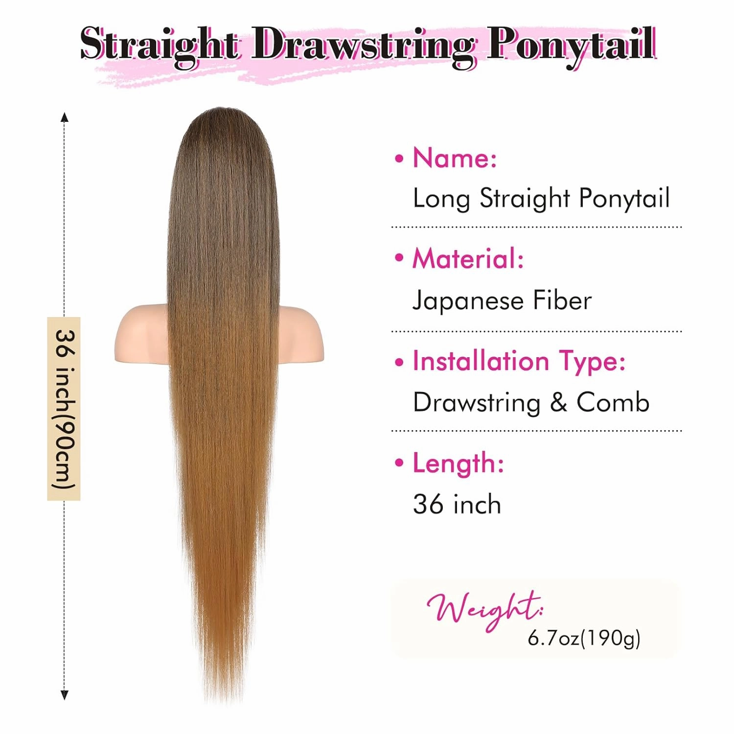 REECHO Ponytail Extension Long Straight Drawstring Ponytail Extensions Clip in Ponytail Extension Natural Soft Hairpieces for Women Girls, 36 Inch/Chocolate Brown with Blonde Highlights
