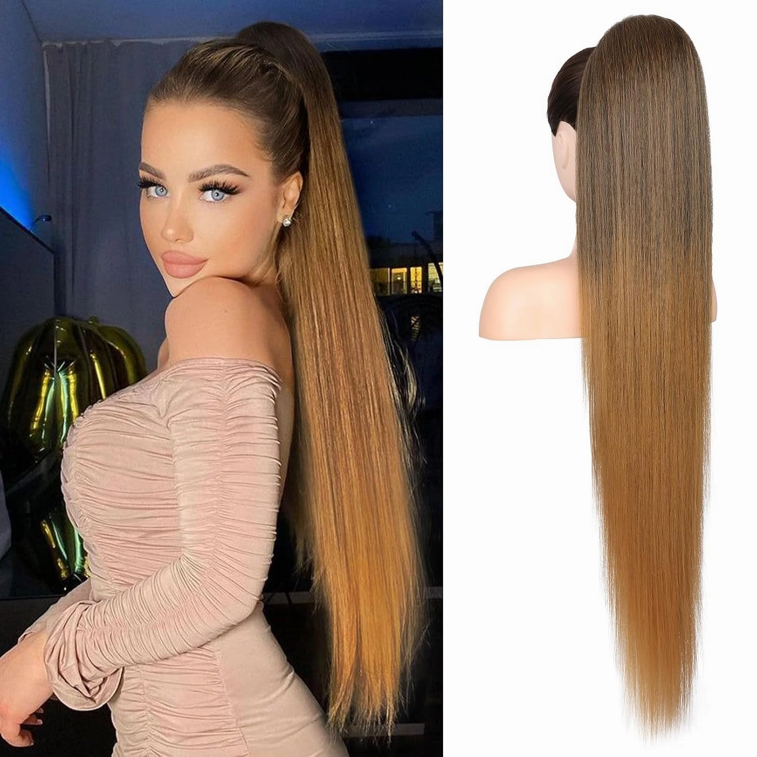 REECHO Ponytail Extension Long Straight Drawstring Ponytail Extensions Clip in Ponytail Extension Natural Soft Hairpieces for Women Girls, 36 Inch/Chocolate Brown with Blonde Highlights