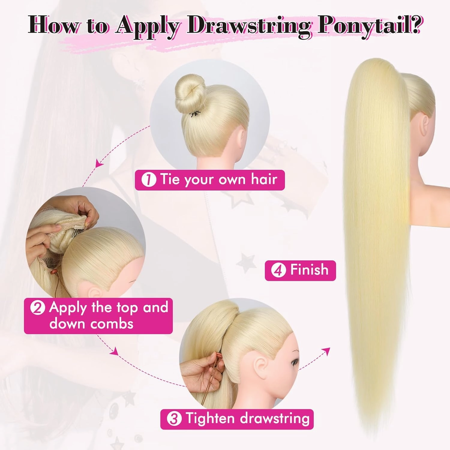 REECHO Ponytail Extension Long Straight Drawstring Ponytail Extensions Clip in Ponytail Extension Natural Soft Hairpieces for Women Girls, 36 Inch/Chocolate Brown with Blonde Highlights