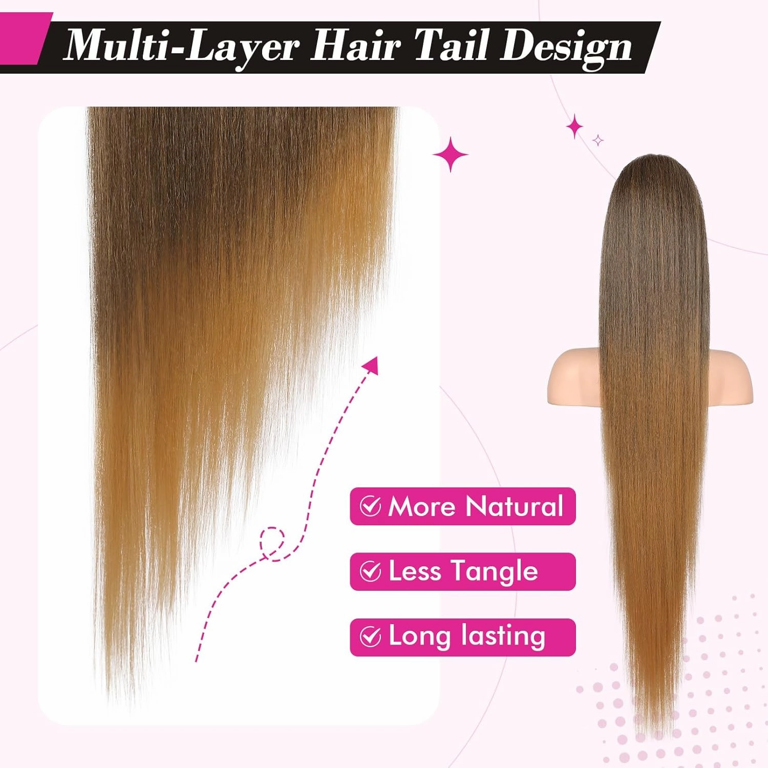 REECHO Ponytail Extension Long Straight Drawstring Ponytail Extensions Clip in Ponytail Extension Natural Soft Hairpieces for Women Girls, 36 Inch/Chocolate Brown with Blonde Highlights