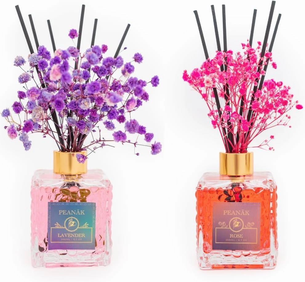 Reed Diffuser Set of 2 - Lavender & Rose Diffusers 2 x 6.7oz (200ml) Pack of Long Lasting Scents for Home & Office,Living Room & Bathroom Shelf Decor and Gifts