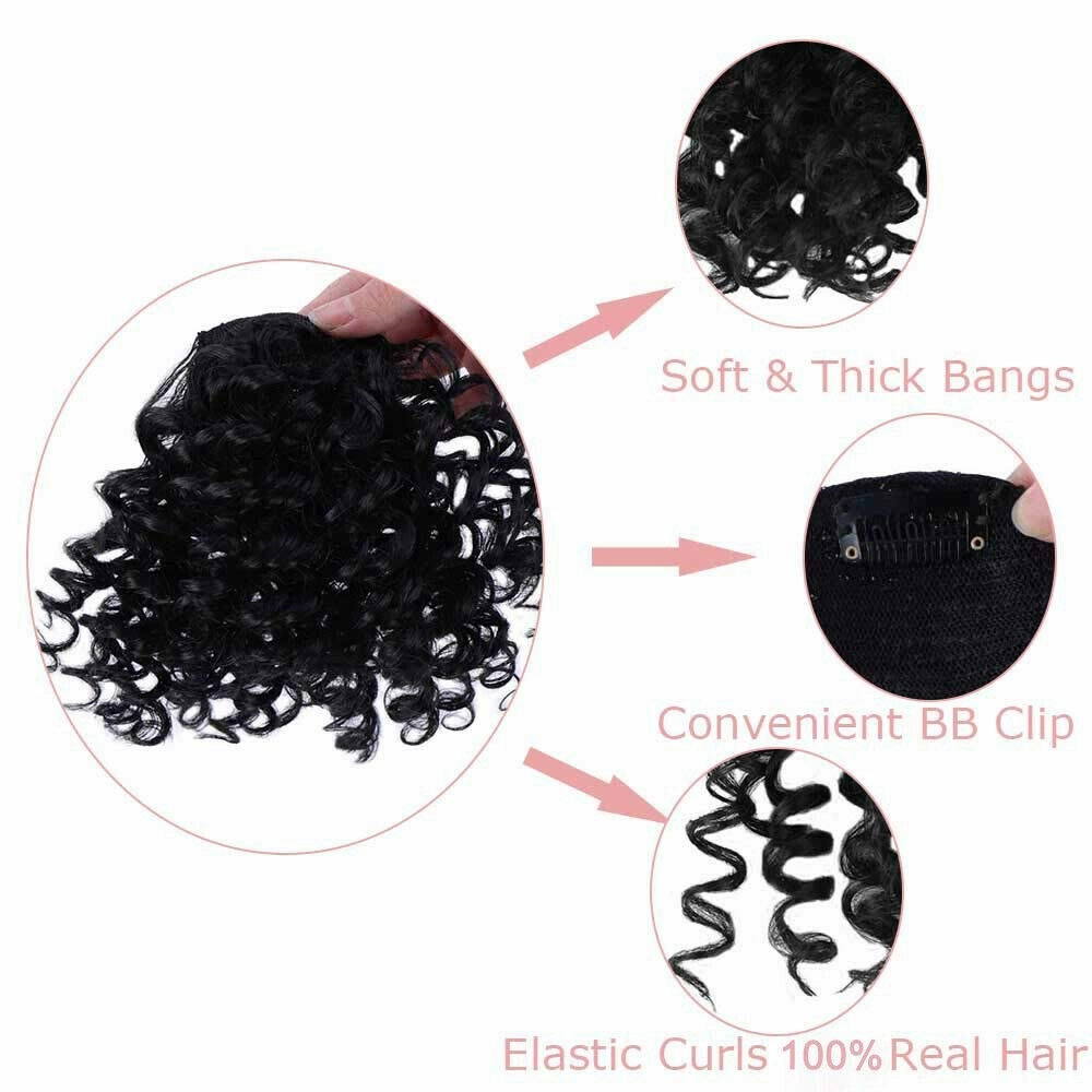 RemeeHi 8" Clip on Jerry Curly Hair Bangs Extension 23g Afro Fluffy Clip in Topper 100% Human Hair Front Fringe Hair Pieces 8# Chestnut Brown