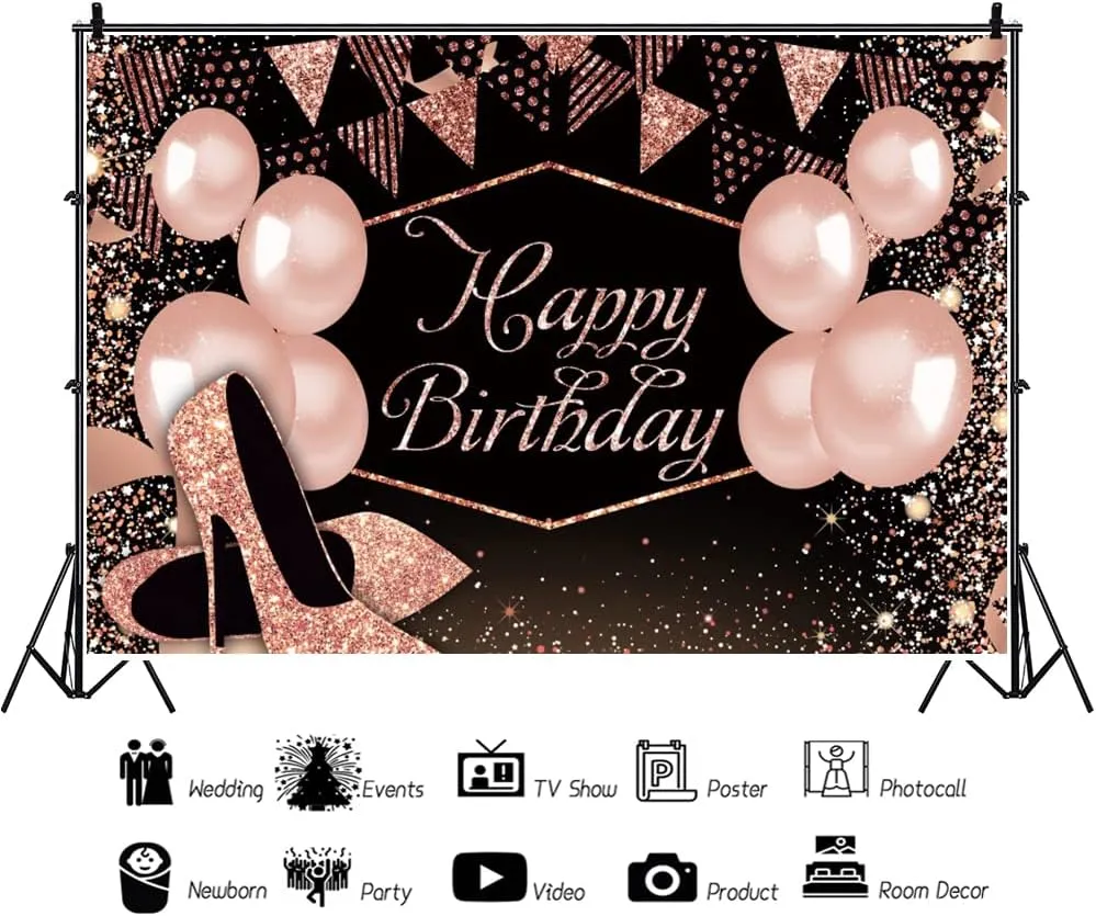 Renaiss 7x5ft Pink High Heels Backdrop for Photoshoot Girls Woman Portrait Glittering Balloons Buntings Gorgeous Black Photography Background Happy Birthday Banner Bday Party Decors Photo Booth Props