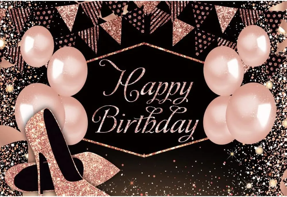 Renaiss 7x5ft Pink High Heels Backdrop for Photoshoot Girls Woman Portrait Glittering Balloons Buntings Gorgeous Black Photography Background Happy Birthday Banner Bday Party Decors Photo Booth Props
