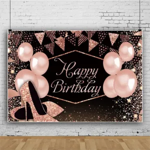 Renaiss 7x5ft Pink High Heels Backdrop for Photoshoot Girls Woman Portrait Glittering Balloons Buntings Gorgeous Black Photography Background Happy Birthday Banner Bday Party Decors Photo Booth Props
