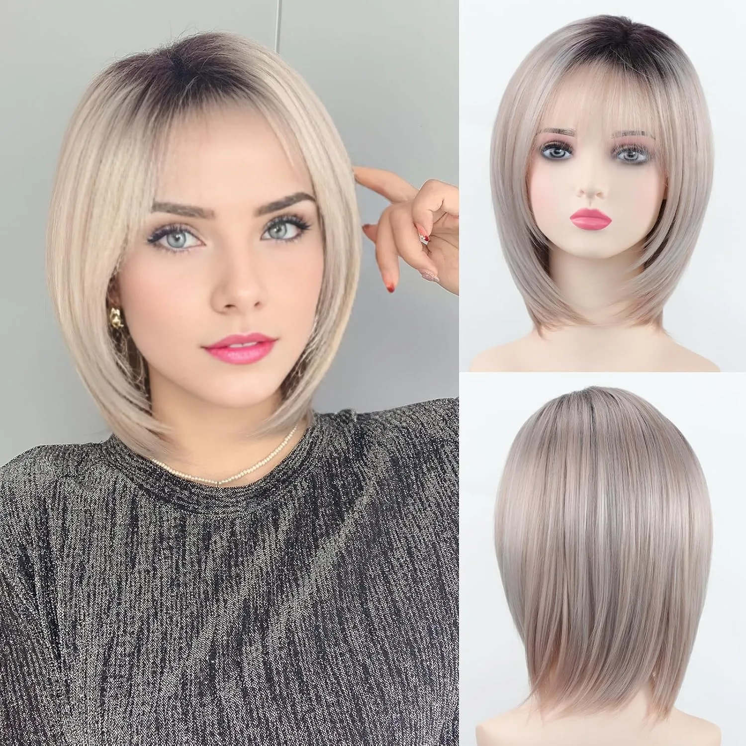 RENERSHOW Layered Pixie Bob Wig with Bangs Straight Hair Wigs for White Women Rose Blonde 12inch Synthetic Ombre Bob Natural Looking Daily Party Wig
