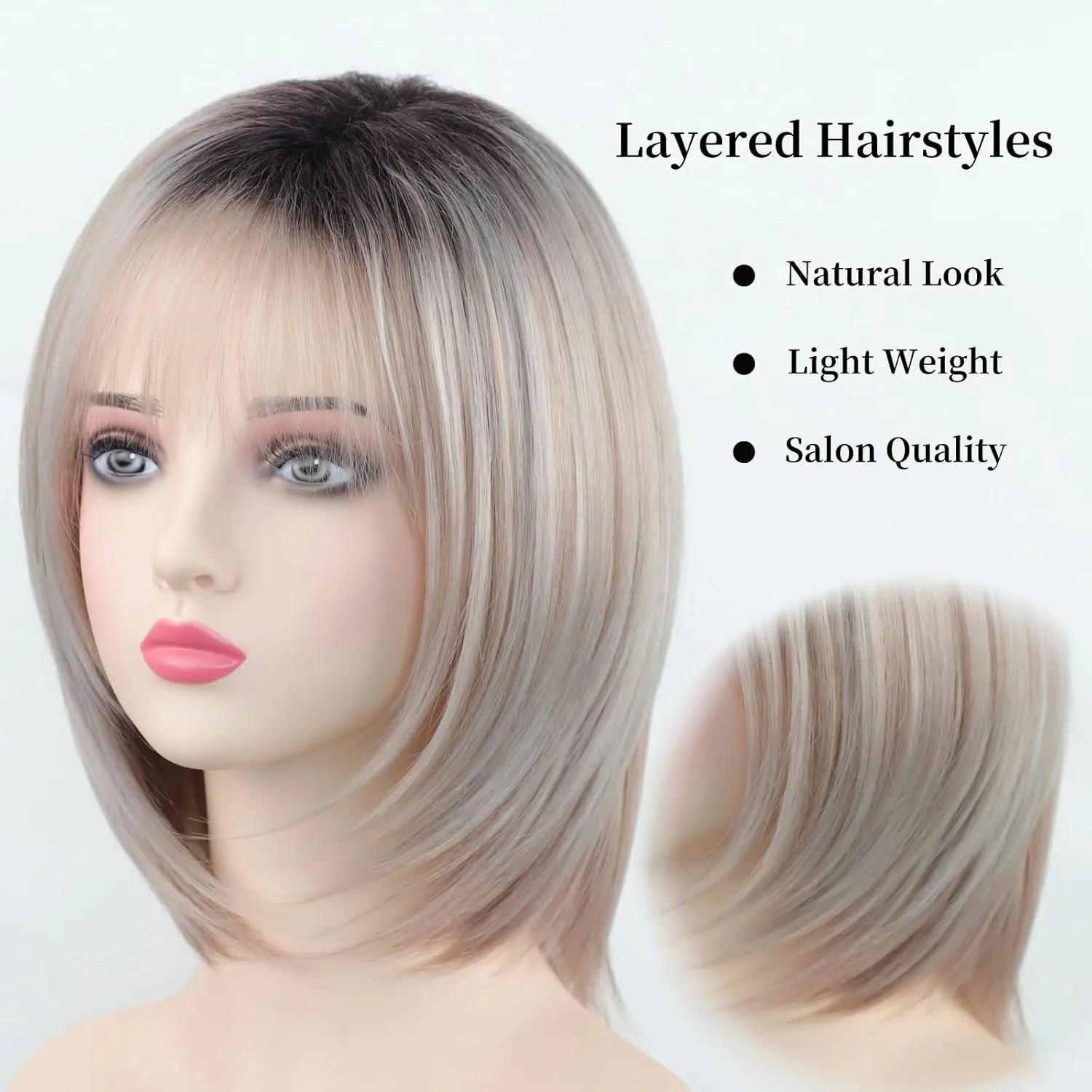 RENERSHOW Layered Pixie Bob Wig with Bangs Straight Hair Wigs for White Women Rose Blonde 12inch Synthetic Ombre Bob Natural Looking Daily Party Wig