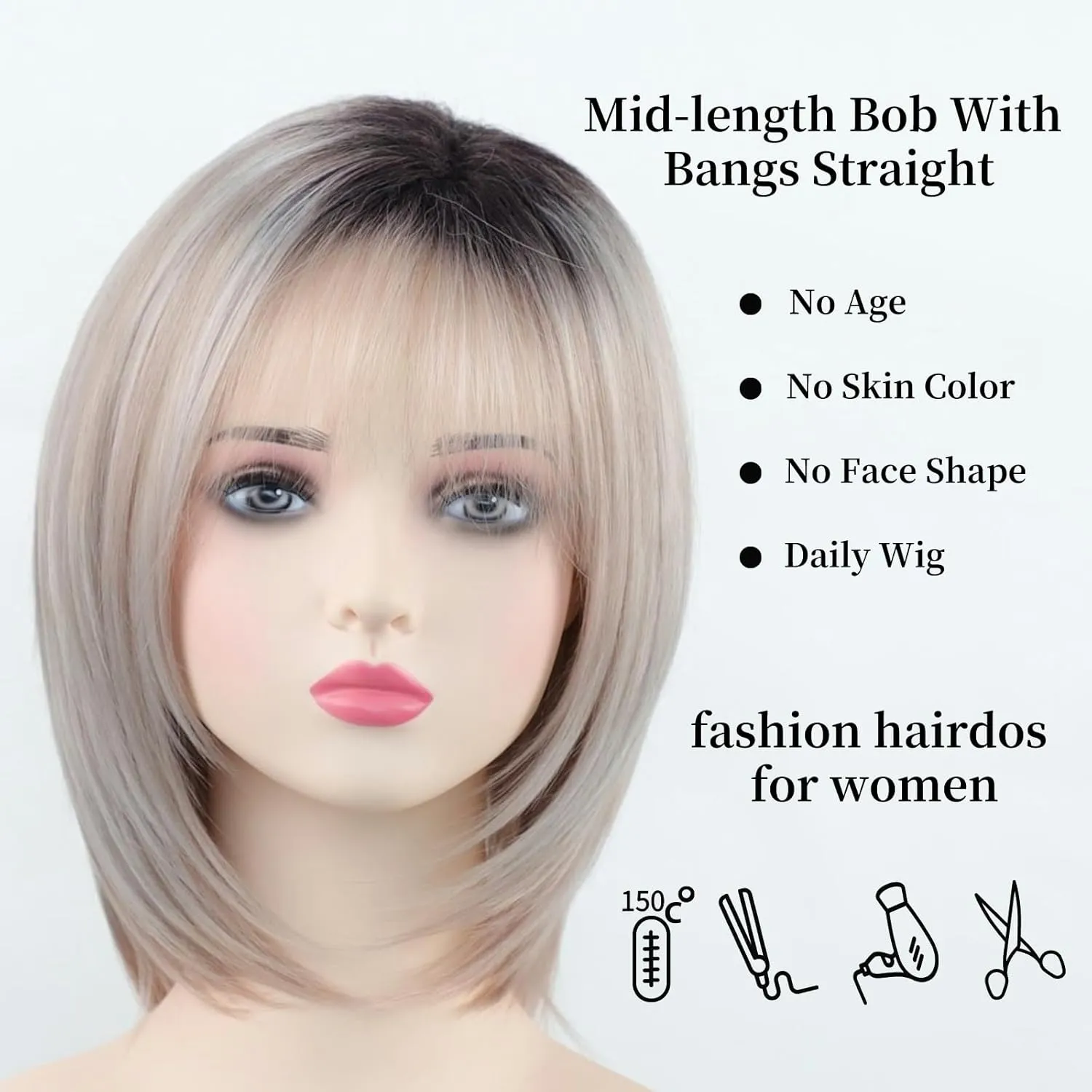 RENERSHOW Layered Pixie Bob Wig with Bangs Straight Hair Wigs for White Women Rose Blonde 12inch Synthetic Ombre Bob Natural Looking Daily Party Wig