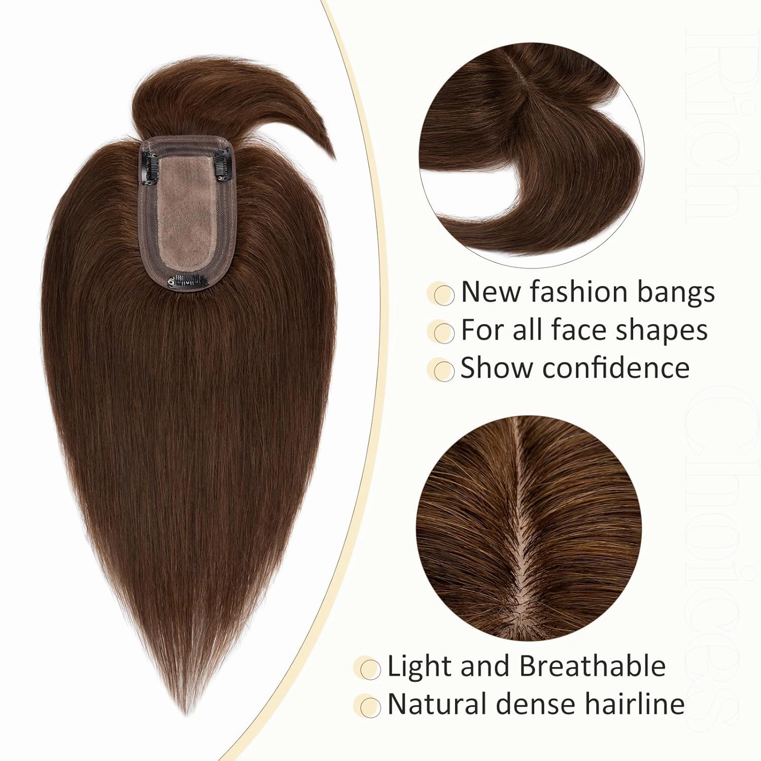 Rich Choices 100% Real Human Hair Topper with Bangs - Real Remy Hair Topper for Women Thinning on Top, 5.1x2.7 Inch Breathable Invisible Clip In Silk Base Hair Piece 6 Inch #4 Medium Brown