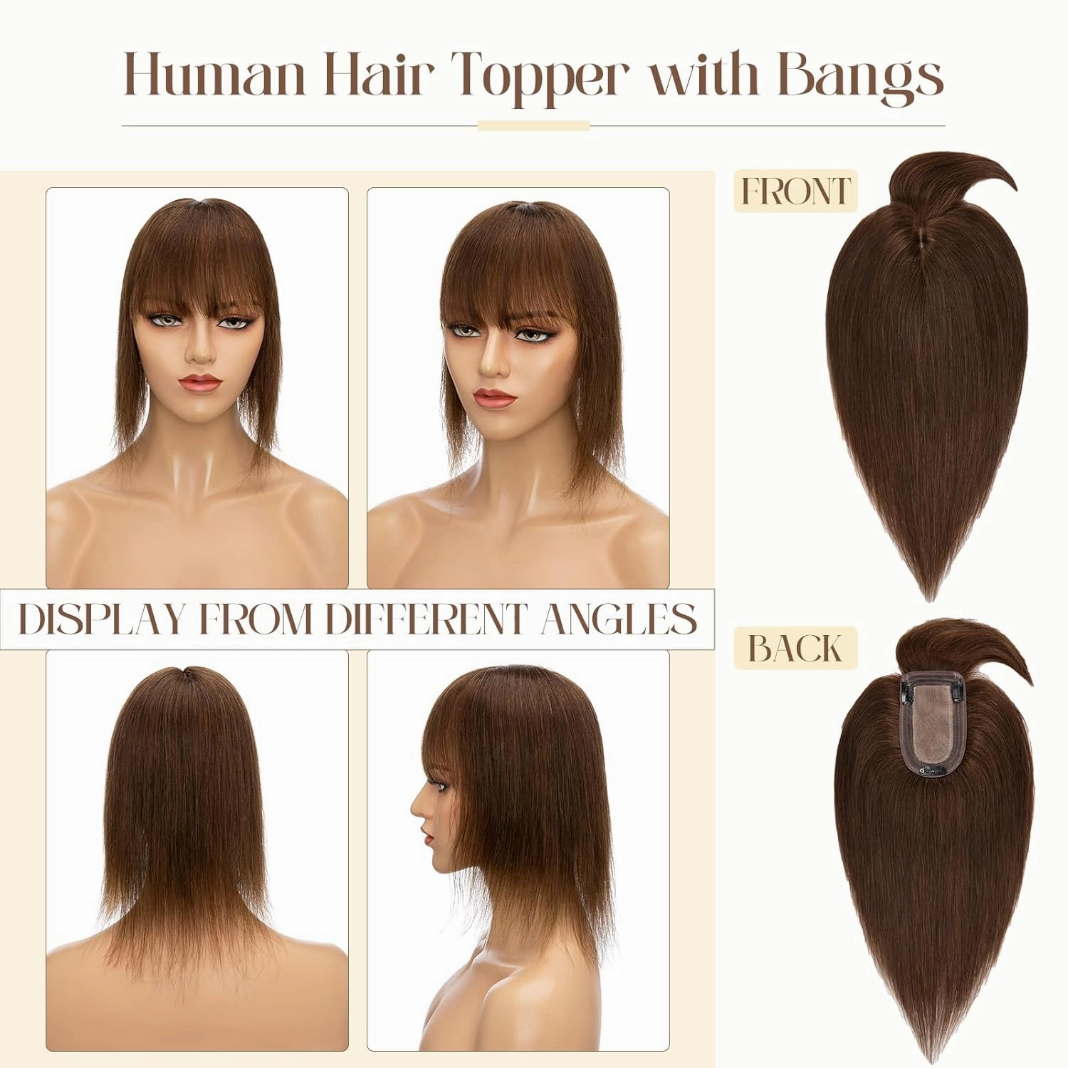 Rich Choices 100% Real Human Hair Topper with Bangs - Real Remy Hair Topper for Women Thinning on Top, 5.1x2.7 Inch Breathable Invisible Clip In Silk Base Hair Piece 6 Inch #4 Medium Brown