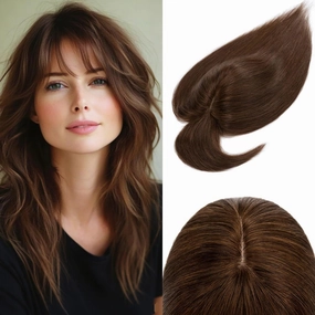 Rich Choices 100% Real Human Hair Topper with Bangs - Real Remy Hair Topper for Women Thinning on Top, 5.1x2.7 Inch Breathable Invisible Clip In Silk Base Hair Piece 6 Inch #4 Medium Brown