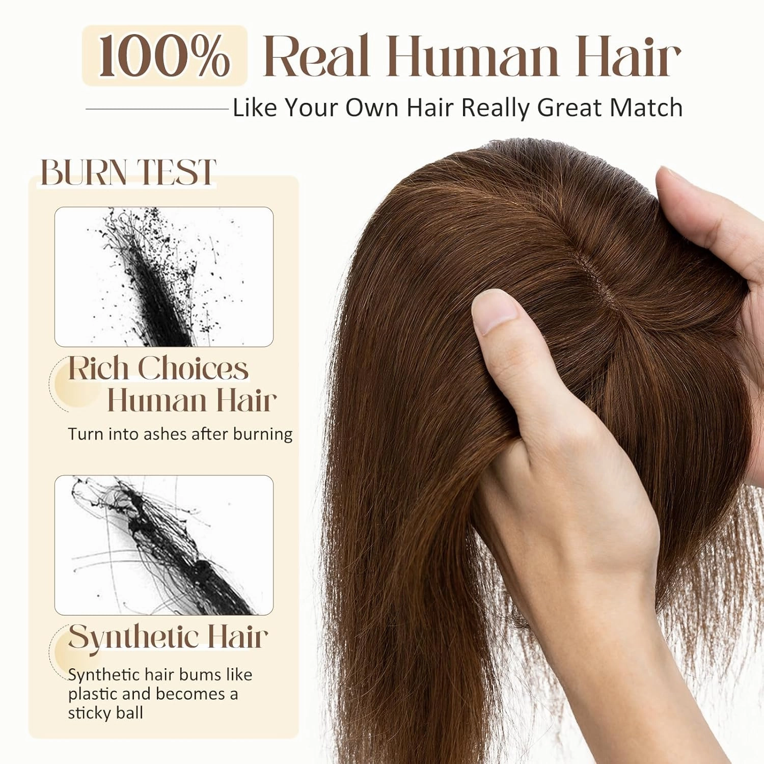 Rich Choices 100% Real Human Hair Topper with Bangs - Real Remy Hair Topper for Women Thinning on Top, 5.1x2.7 Inch Breathable Invisible Clip In Silk Base Hair Piece 6 Inch #4 Medium Brown
