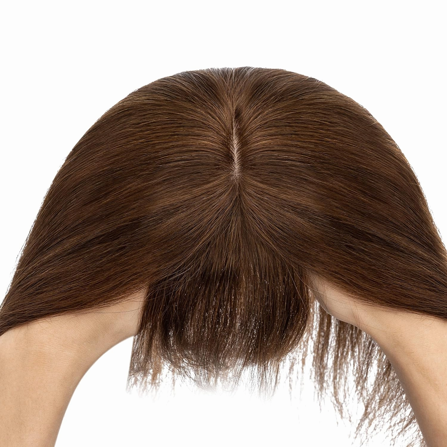 Rich Choices 100% Real Human Hair Topper with Bangs - Real Remy Hair Topper for Women Thinning on Top, 5.1x2.7 Inch Breathable Invisible Clip In Silk Base Hair Piece 6 Inch #4 Medium Brown