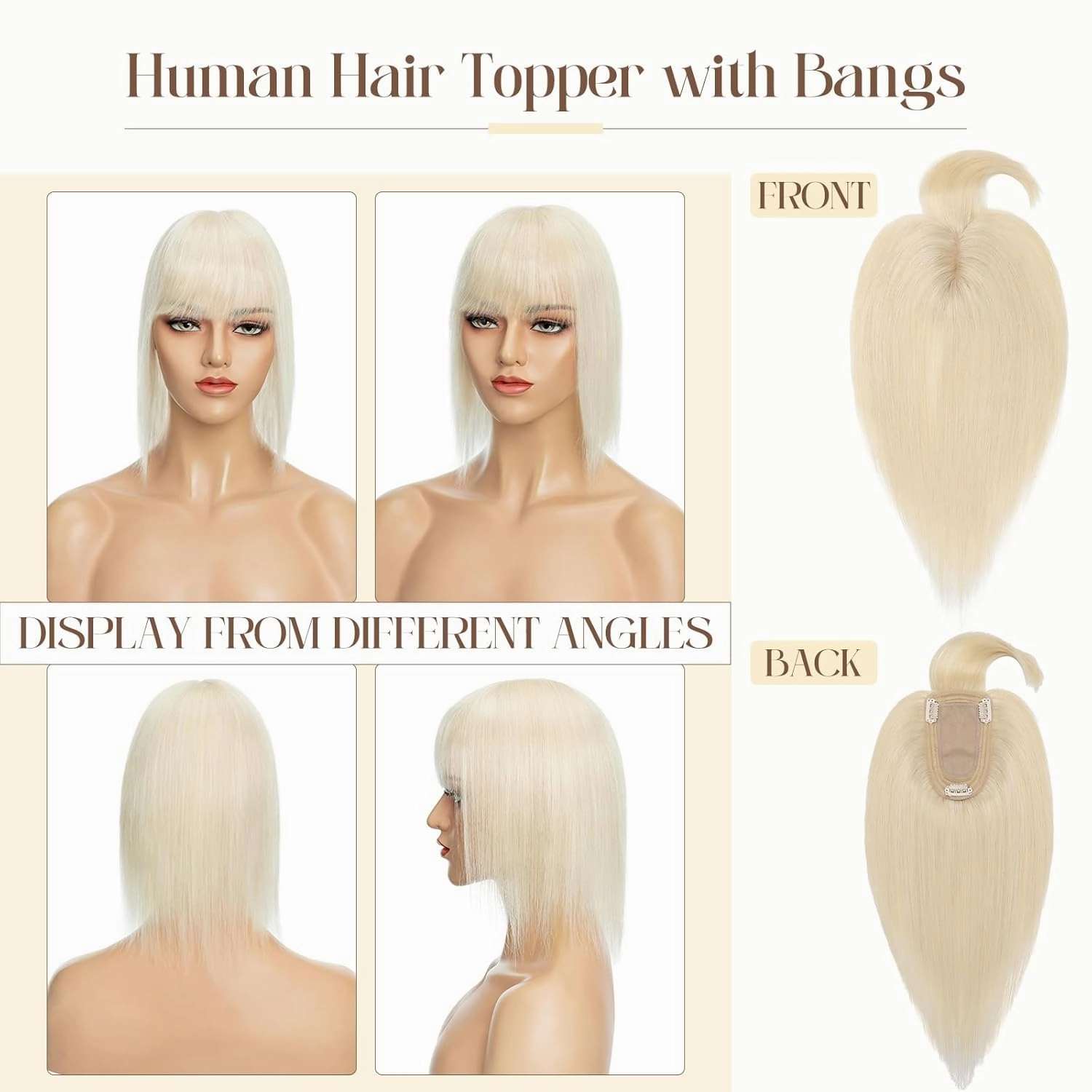 Rich Choices 100% Real Human Hair Topper with Bangs - Real Remy Hair Topper for Women Thinning on Top, 5.1x2.7 Inch Breathable Invisible Clip In Silk Base Hair Piece 6 Inch #60 Platinum Blonde