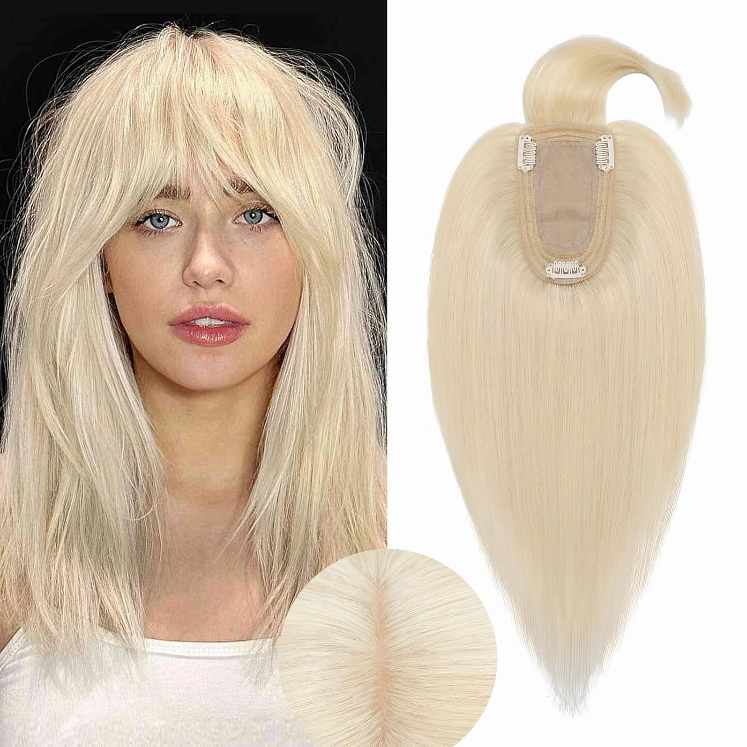 Rich Choices 100% Real Human Hair Topper with Bangs - Real Remy Hair Topper for Women Thinning on Top, 5.1x2.7 Inch Breathable Invisible Clip In Silk Base Hair Piece 6 Inch #60 Platinum Blonde