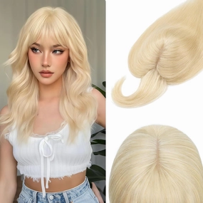 Rich Choices 100% Real Human Hair Topper with Bangs - Real Remy Hair Topper for Women Thinning on Top, 5.1x2.7 Inch Breathable Invisible Clip In Silk Base Hair Piece 6 Inch #60 Platinum Blonde