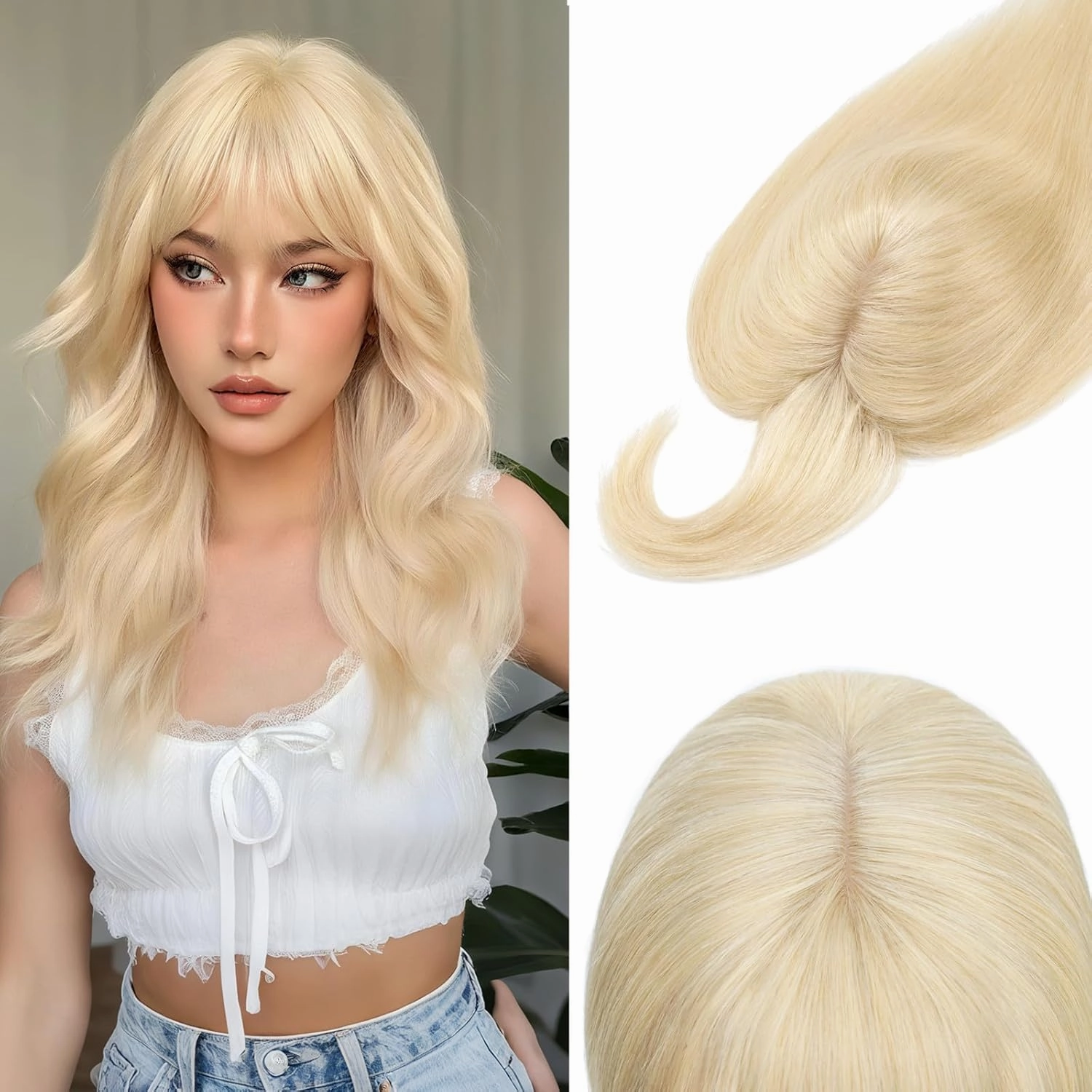 Rich Choices 100% Real Human Hair Topper with Bangs - Real Remy Hair Topper for Women Thinning on Top, 5.1x2.7 Inch Breathable Invisible Clip In Silk Base Hair Piece 6 Inch #60 Platinum Blonde