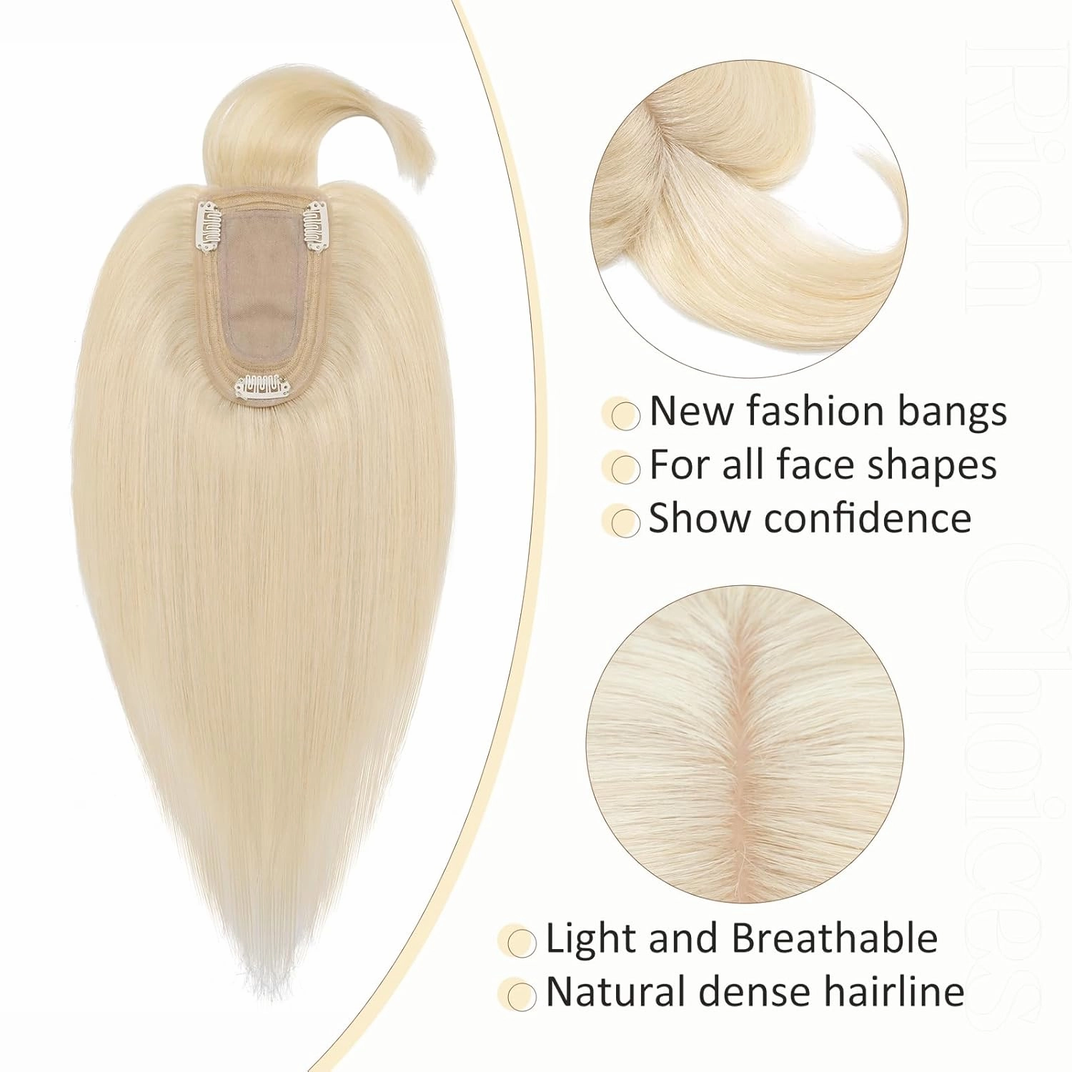 Rich Choices 100% Real Human Hair Topper with Bangs - Real Remy Hair Topper for Women Thinning on Top, 5.1x2.7 Inch Breathable Invisible Clip In Silk Base Hair Piece 6 Inch #60 Platinum Blonde