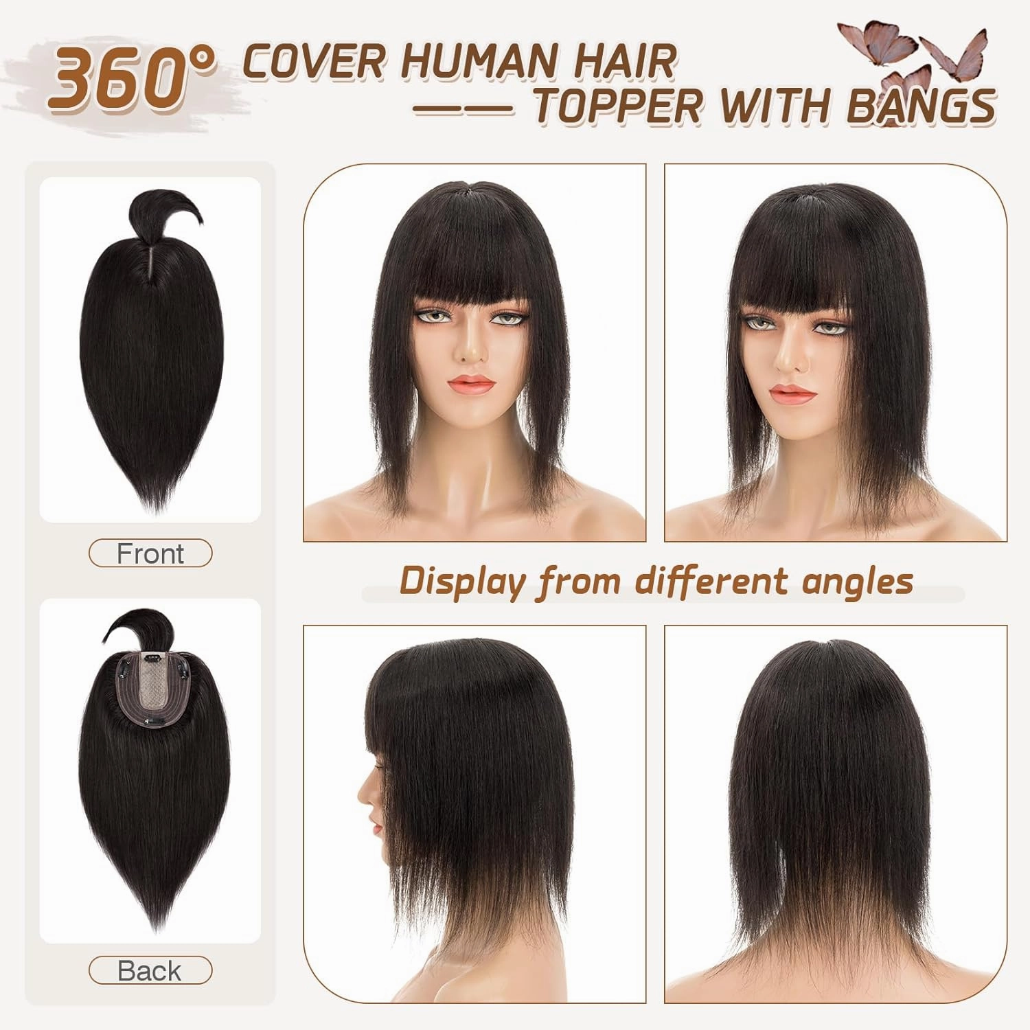 Rich Choices Real Human Hair Toppers for Women With Bang 100% Remy Human Hair Topper for Thinning Hair Clip in Silk Base Hair Topper 10 Inch #1B Natural Black