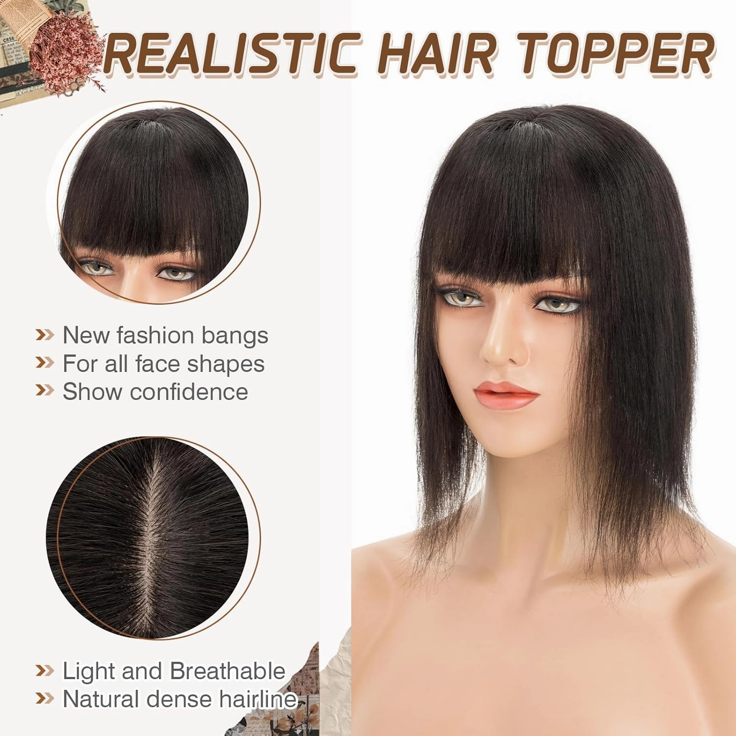 Rich Choices Real Human Hair Toppers for Women With Bang 100% Remy Human Hair Topper for Thinning Hair Clip in Silk Base Hair Topper 10 Inch #1B Natural Black