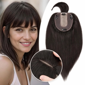 Rich Choices Real Human Hair Toppers for Women With Bang 100% Remy Human Hair Topper for Thinning Hair Clip in Silk Base Hair Topper 10 Inch #1B Natural Black