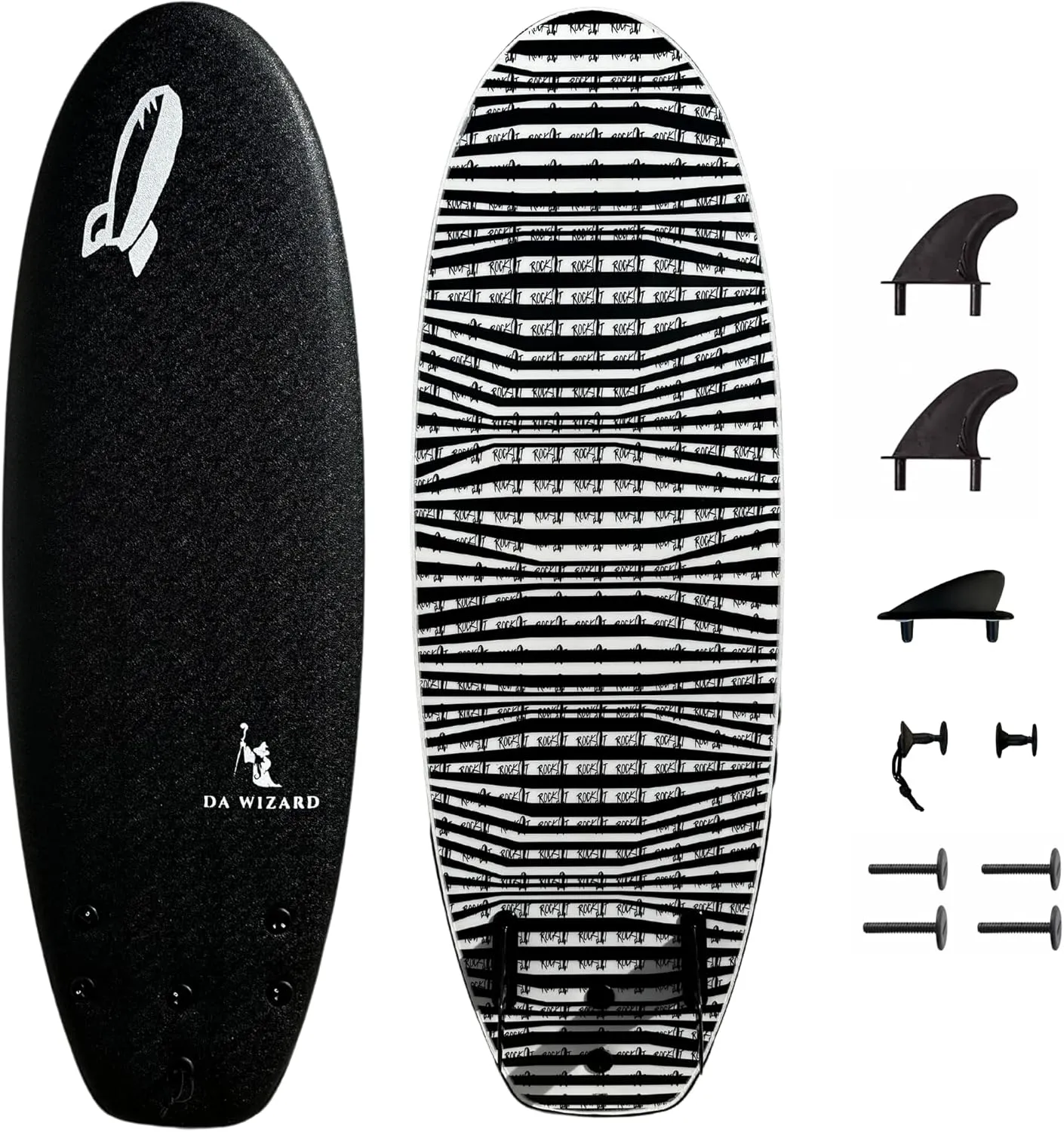 Rock-It DA Wizard Performance Soft Top Surfboard, 4’10” / 39L Foam Surfboard for Ocean, Wave Pool, River Surfing and More with 2 1 fin System and Reinforced Deck and Rails Developed in Hawaii (Black)