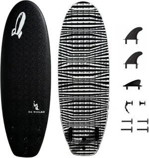 Rock-It DA Wizard Performance Soft Top Surfboard, 4’10” / 39L Foam Surfboard for Ocean, Wave Pool, River Surfing and More with 2 1 fin System and Reinforced Deck and Rails Developed in Hawaii (Black)
