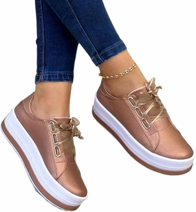 Round Toe Wedges Sneakers for Women's Classic Low Cut Lace Up Platform Walking Dress Shoes Fashion Orthotic Lightweight Breathable Flat Loafers (Color : Rose Gold, Size : 7.5 US)