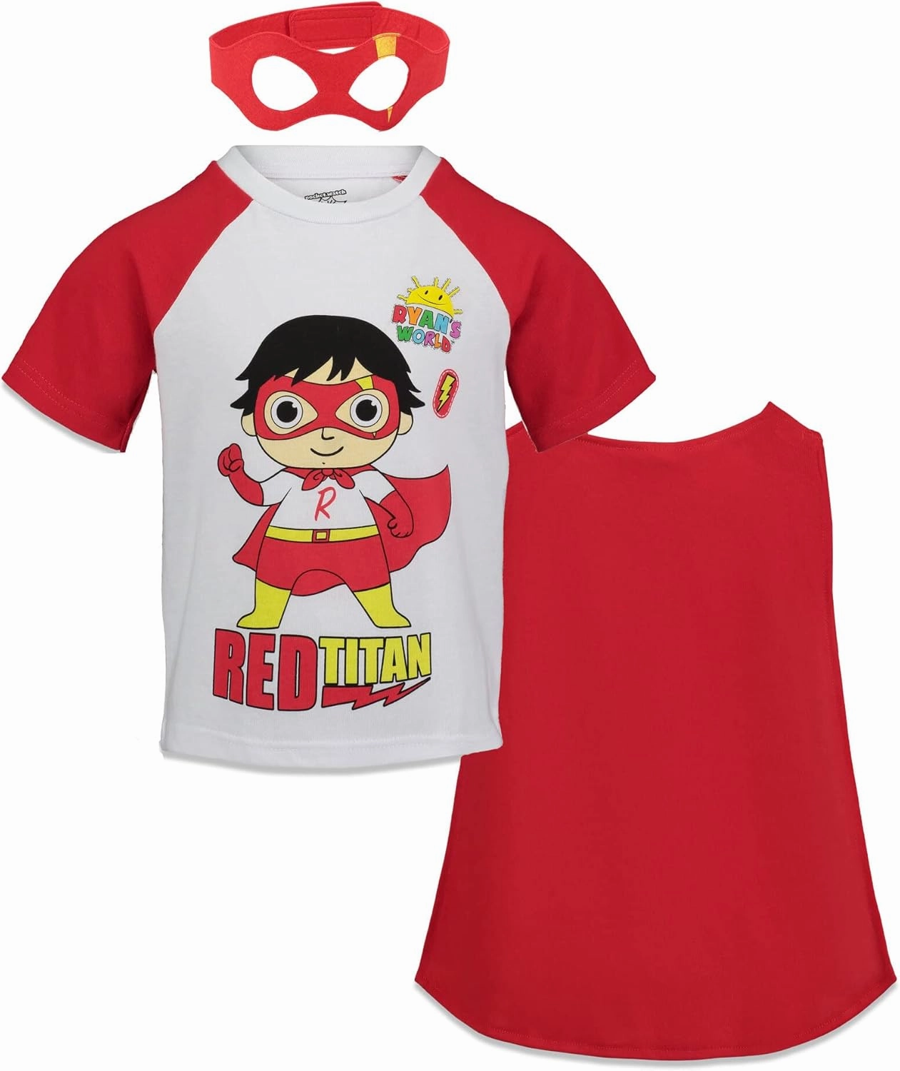 RYAN'S WORLD Red Titan Cosplay T-Shirt Cape and Mask 3 Piece Outfit Set Toddler to Little Kid