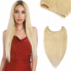S-noilite Invisible Wire Human Hair Extensions Secret Wire Hair Extension with 2 Clips Adjustable Headband Fish Line Hairpieces For Women 18" 65g #24 Natural Blonde