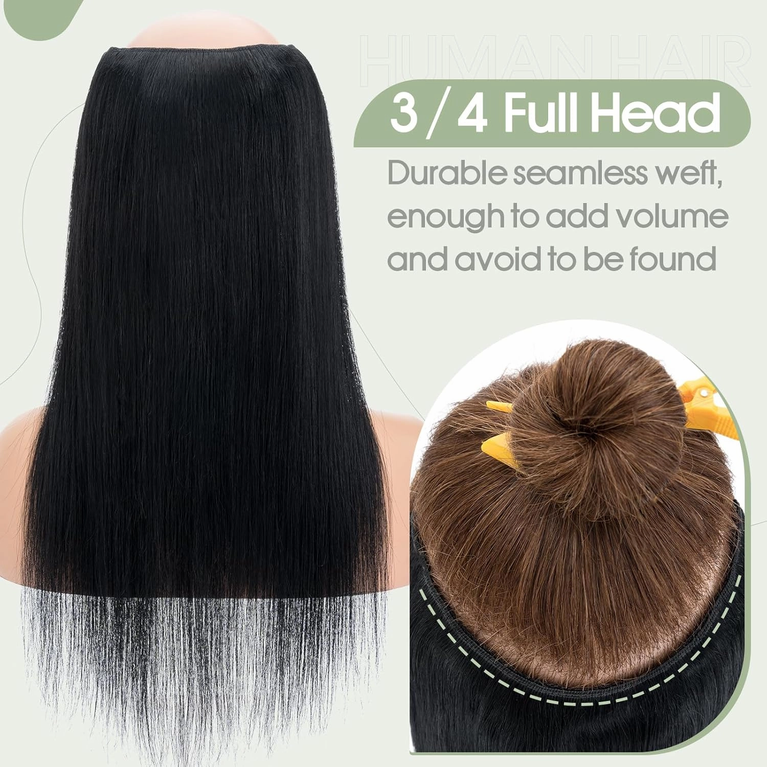 S-noilite One Piece Clip-in Hair Extensions - 5 Clips, 3/4 Full Head, V Part Weft, Thicker Hair, Lace Net - Human Hair (18"-70g, #01 Jet Black)