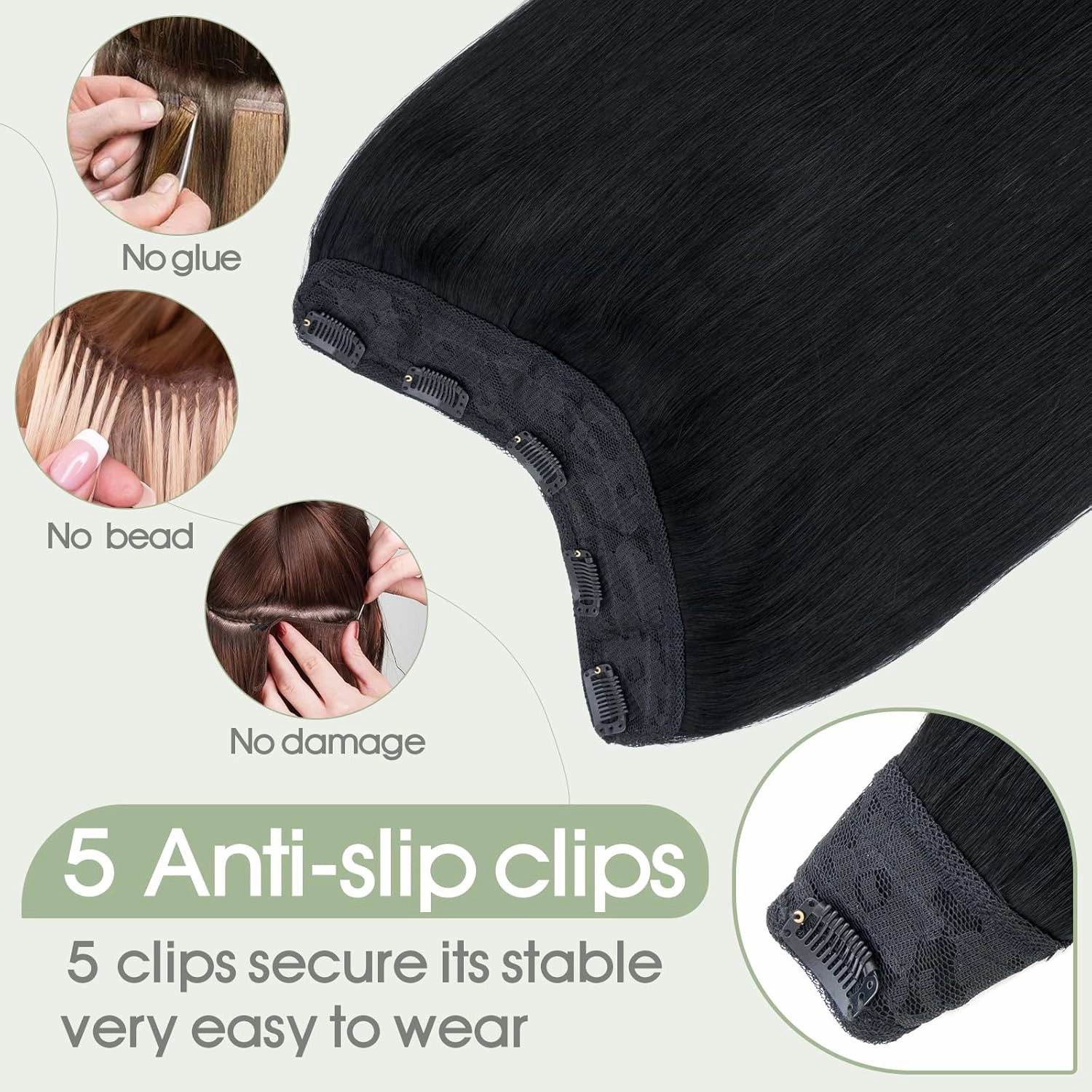 S-noilite One Piece Clip-in Hair Extensions - 5 Clips, 3/4 Full Head, V Part Weft, Thicker Hair, Lace Net - Human Hair (18"-70g, #01 Jet Black)
