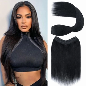 S-noilite One Piece Clip-in Hair Extensions - 5 Clips, 3/4 Full Head, V Part Weft, Thicker Hair, Lace Net - Human Hair (18"-70g, #01 Jet Black)