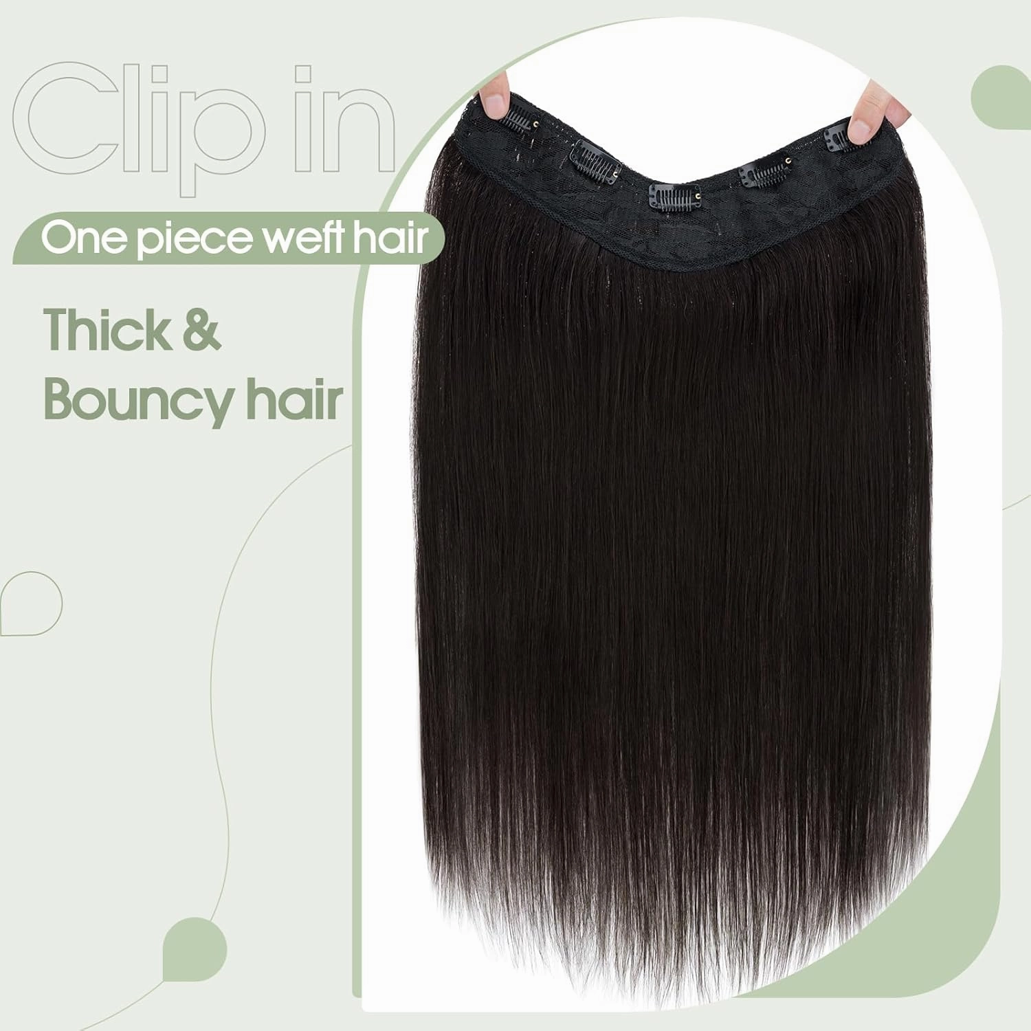 S-noilite One Piece Clip in Hair Extensions Human Hair One Piece/5 Clips 3/4 Full Head V Part Weft Thicker Hair Lace Net One Piece Hair Extensions Clip in Human Hair (18"-70g,#1B Natural Black)