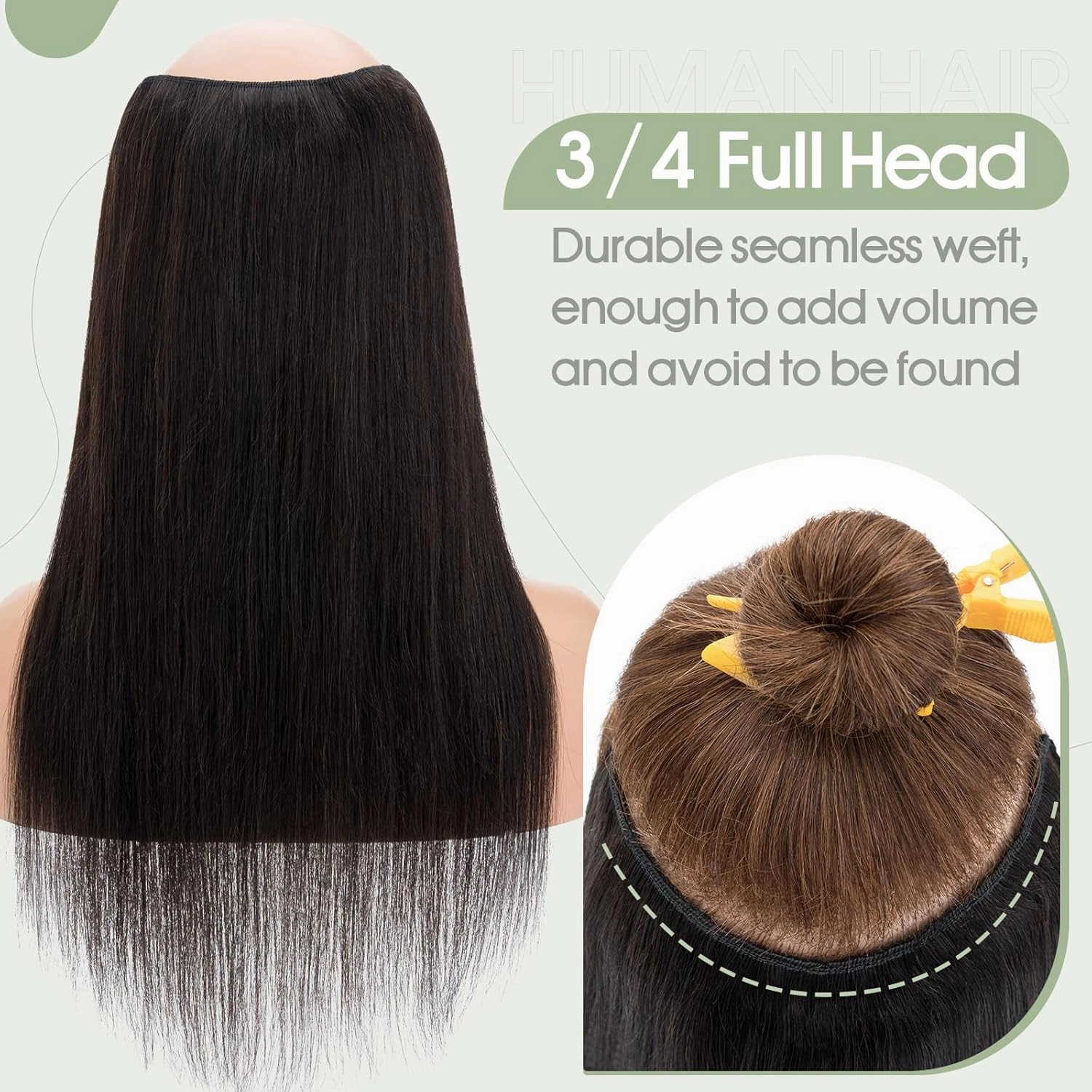 S-noilite One Piece Clip in Hair Extensions Human Hair One Piece/5 Clips 3/4 Full Head V Part Weft Thicker Hair Lace Net One Piece Hair Extensions Clip in Human Hair (18"-70g,#1B Natural Black)