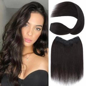 S-noilite One Piece Clip in Hair Extensions Human Hair One Piece/5 Clips 3/4 Full Head V Part Weft Thicker Hair Lace Net One Piece Hair Extensions Clip in Human Hair (18"-70g,#1B Natural Black)