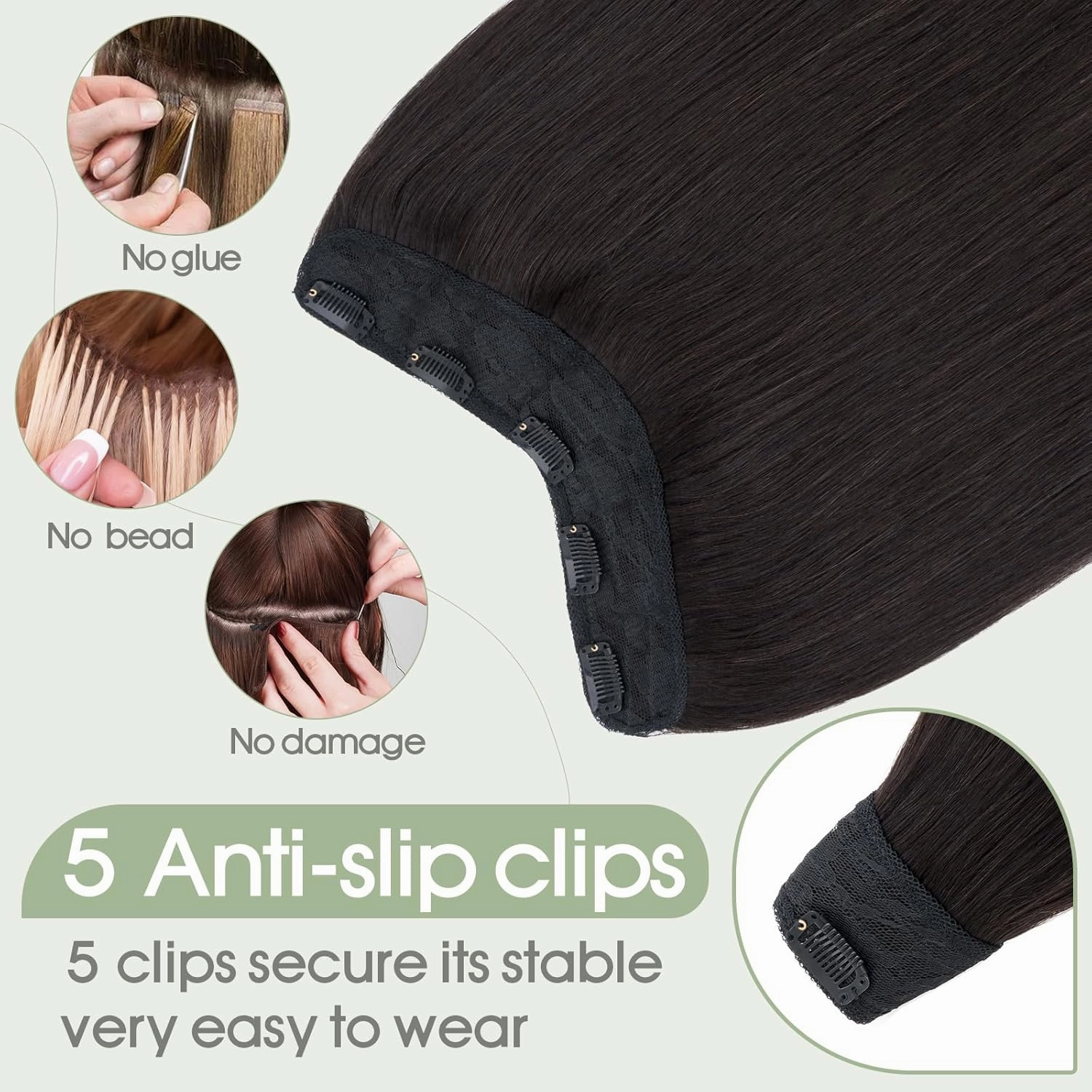 S-noilite One Piece Clip in Hair Extensions Human Hair One Piece/5 Clips 3/4 Full Head V Part Weft Thicker Hair Lace Net One Piece Hair Extensions Clip in Human Hair (18"-70g,#1B Natural Black)