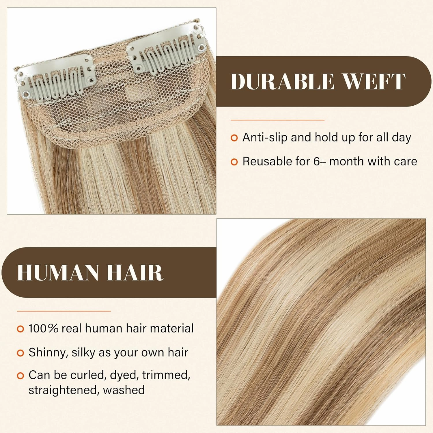 S-noilite Short Clip in Hair Extensions Human Hair 1PCS 2 Clips Clip in Hairpieces For Women Adding Volume 10g 6Inch-Golden Brown/Bleach Blonde